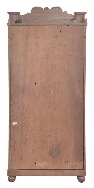 C. & L.C. Ives, Bristol, Conn., 8 day, time and strike weight strap brass movement triple decker shelf clock with carved splat and center columns.