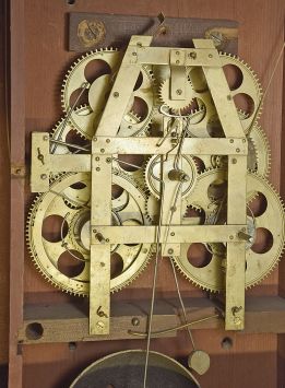 C. & L.C. Ives, Bristol, Conn., 8 day, time and strike weight strap brass movement triple decker shelf clock with carved splat and center columns.