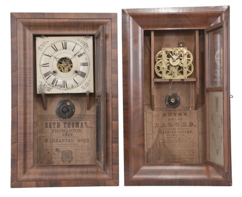 Clocks- 4 (Four) :(1) Scarce C. Jerome & Co., Richmond, Virginia, 30 hour, time and strike weight wood movement half column & splat shelf clock. c1835 (2) Scarce C. Jerome, & Co., Richmond, Virginia, 30 hour, time and rack & snail striking weight brass movement double decker shelf clock with carved eagle splat. c1835 (3) Seth Thomas, Thomaston, Conn., 30 hour, time and strike weight brass movement OG shelf clock. c1875 (4) Chauncey Jerome, New Haven, Conn., 30 hour, time, strike and alarm weight brass movement OG shelf clock. c1845.