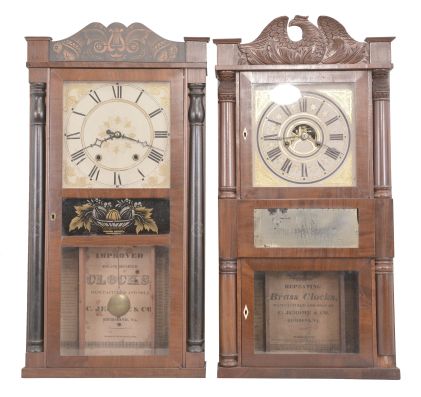 Clocks- 4 (Four) :(1) Scarce C. Jerome & Co., Richmond, Virginia, 30 hour, time and strike weight wood movement half column & splat shelf clock. c1835 (2) Scarce C. Jerome, & Co., Richmond, Virginia, 30 hour, time and rack & snail striking weight brass movement double decker shelf clock with carved eagle splat. c1835 (3) Seth Thomas, Thomaston, Conn., 30 hour, time and strike weight brass movement OG shelf clock. c1875 (4) Chauncey Jerome, New Haven, Conn., 30 hour, time, strike and alarm weight brass movement OG shelf clock. c1845.