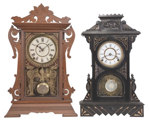 Clocks- 2 (Two) :(1) Seth Thomas Clock Co., Thomaston, Conn., "Newark", 8 day, time and strike spring brass movement City Series mantel clock. c1884 (2) F. Kroeber Clock Co., New York, "Garnet", 8 day, time and strike spring brass movement mantel clock. c1880