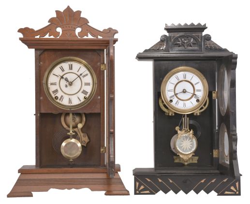 Clocks- 2 (Two) :(1) Seth Thomas Clock Co., Thomaston, Conn., "Newark", 8 day, time and strike spring brass movement City Series mantel clock. c1884 (2) F. Kroeber Clock Co., New York, "Garnet", 8 day, time and strike spring brass movement mantel clock. c1880