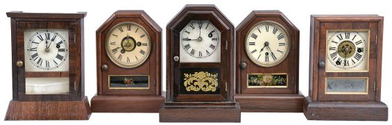 Clocks- 5 (Five): American-made 30 hour cottage clocks, some with alarm, by Atkins Clock Co. and Seth Thomas.