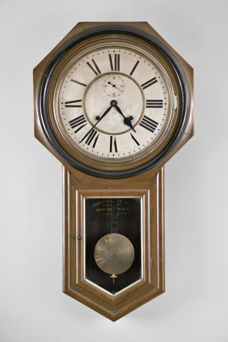 Ansonia Clock Co., New York, "Office Regulator", 8 day, time and strike spring brass movement wall clock.