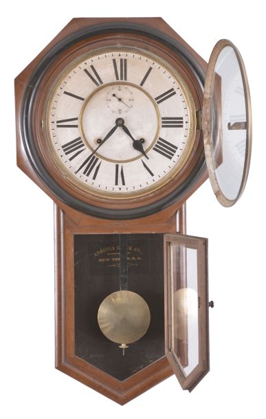 Ansonia Clock Co., New York, "Office Regulator", 8 day, time and strike spring brass movement wall clock.