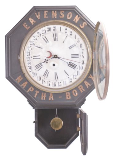 Advertising wall clock, 8 day time and simple calendar, spring driven movement in a cutomized case with advertising for "EAVENSONS NAPTHA-BORAX" with "NO ROSIN NO CHEMICALS" applied around bottom door