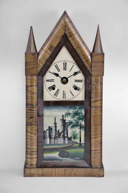 Chauncey Jerome, New Haven, Conn., scarce 30 hour time and strike spring brass fusee movement oversize sharp gothic or steeple clock.