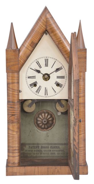 Chauncey Jerome, New Haven, Conn., scarce 30 hour time and strike spring brass fusee movement oversize sharp gothic or steeple clock.