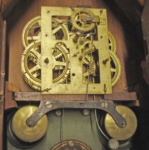 Chauncey Jerome, New Haven, Conn., scarce 30 hour time and strike spring brass fusee movement oversize sharp gothic or steeple clock.