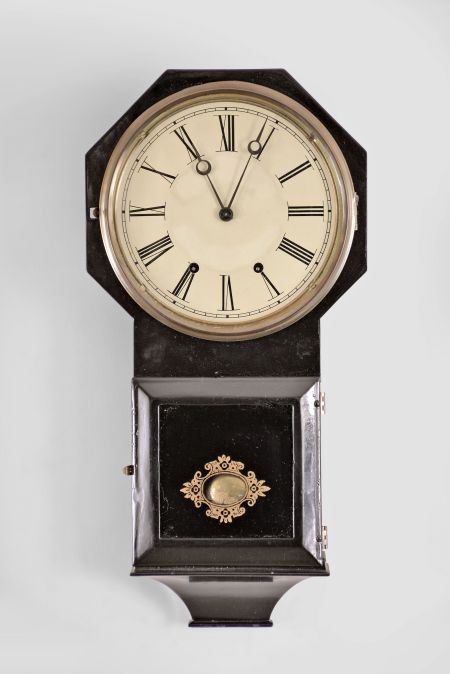 Terry Clock Co., Waterbury, Conn., "Octagon Top Drop", 8 day, time and strike, brass spring movement wall clock