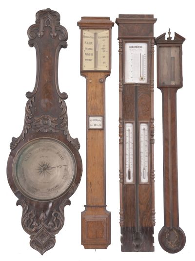 Parts- 4 (Four) Barometers: lot includes three English and one French mercury barometer -- one signed "Attwell / Romford" and another "Hudson & Sons / Greenwich" all in wood cases and all for parts.