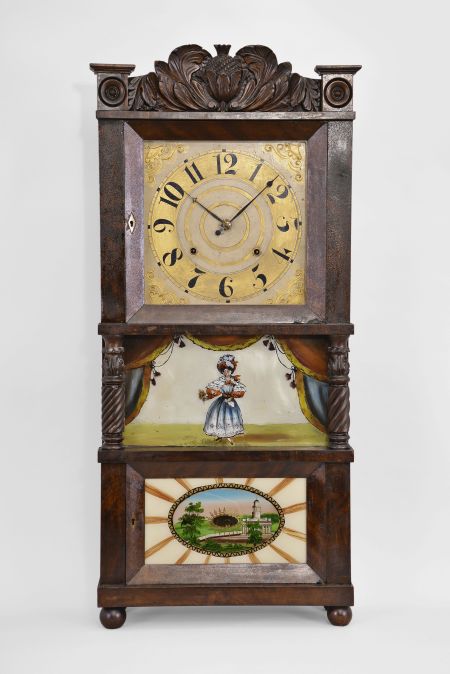 Clocks- 2 (Two): (1) C. & L. C. Ives, Bristol, Conn., 8 day, time and strike weight brass movement triple decker shelf clock with carved splat and center columns. c1835 (2) Seth Thomas, Plymouth, Conn., 30 hour, time and strike weight wood movement short fully carved half-column and splat shelf clock. c1832