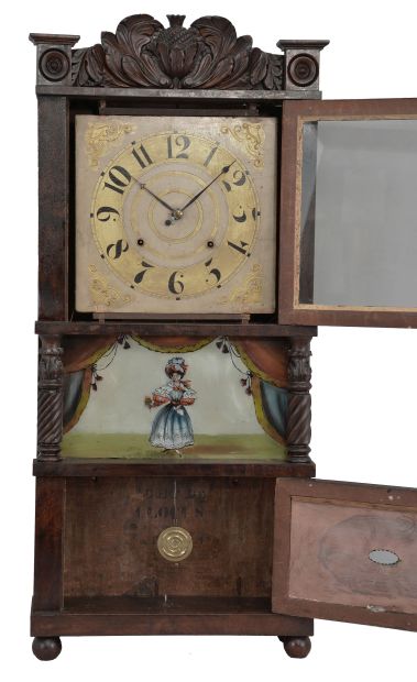 Clocks- 2 (Two): (1) C. & L. C. Ives, Bristol, Conn., 8 day, time and strike weight brass movement triple decker shelf clock with carved splat and center columns. c1835 (2) Seth Thomas, Plymouth, Conn., 30 hour, time and strike weight wood movement short fully carved half-column and splat shelf clock. c1832