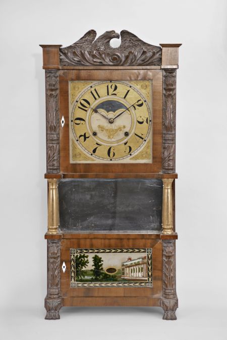 Birge and Ives, Bristol, Conn., 8 day, time and strike weight brass movement triple decker shelf clock with great tablet featuring Greek Revival mansion