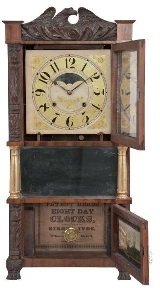 Birge and Ives, Bristol, Conn., 8 day, time and strike weight brass movement triple decker shelf clock with great tablet featuring Greek Revival mansion