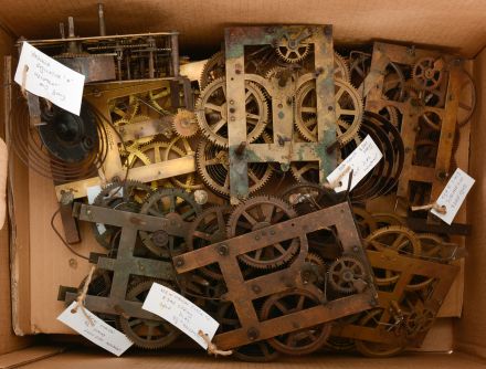 Parts- 14 (Fourteen) clock movements: lot includes seven 30 hour weight driven movements, three 8 day weight driven movements, and four 8 day spring driven movements. Makers include Welch, Ansonia, New Haven, and others.