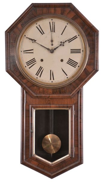 Clocks- 2 (Two): (1) E. N. Welch Mfg. Co., Forestville, Conn., "Verdi" hanging clock with a spring driven, 8 day, time and strike movement is a rosewood veneered case. c1880. (2) Seth Thomas Clock Co., Thomaston, Conn., "World" wall hanging clock with a spring driven 8 day time and strike movement in a rosewood veneered case. c1896.