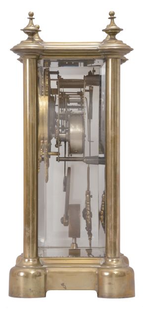 Ansonia Clock Co., New York, "Symbol Extra", 8 day, time and strike spring brass movement crystal regulator shelf clock with black and gilt hard rubber dial.