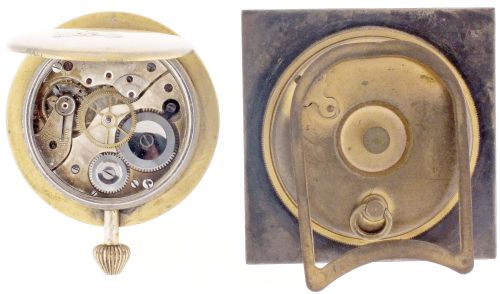 Desk or nightstand clocks- 2 (Two): the first signed A. LeCoultre, 8 day, 7 jewel nickel movement, Arabic numeral metal dial, square blue guilloche enamel case with easel back, 2 5/8 in sq., the other an Octavia Watch Co. for Tiffany & Co., 8 day, 15 jewel nickel movement, Arabic numeral white enamel dial, gilt open face case, lacking stand, 2 1/4in