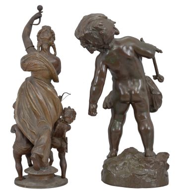 Parts- 2 (Two) Figural Statues: (1) France, after Auguste Moreau, "The Water Carrier", cast spelter with bronze patination, depicting a child carrying a large vase by a rope; (2) France, swinging mystery clock base, cast spelter with bronze patination, featuring a woman in flowing dress with two putti at her side, both early 20th Century.