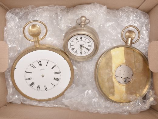 Clocks- 5 (Five): glass paperweight timepieces, 8 day, spring driven balance wheel car clock movements by Waltham, Elgin, and others in brass cases crown, pendant, and bows, covered with magnifying glass hemispheres, most with white enamel dials, some with black steel hands.