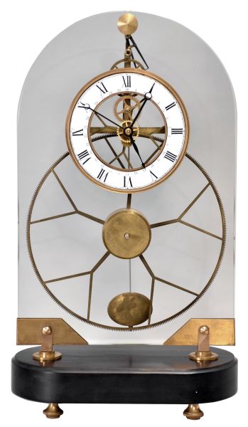 Clocks- 2 (Two): Junghans-style reprooduction swinging mystery clock, 3 to 5 days, time only, spring driven movement with compound pendulum held aloft by a female figure, c1990; (2) Oversize great-wheel skeleton clock reproduction, 8 day, spring driven exposed movement mounted to plate glass on a wood base, white enamel chapter ring, c2012.