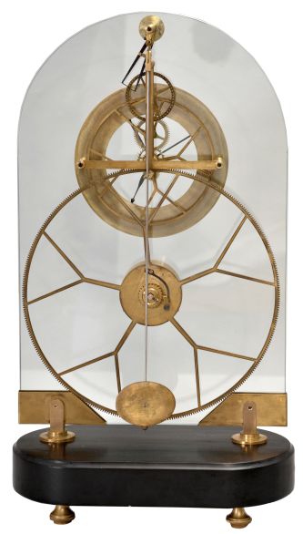 Clocks- 2 (Two): Junghans-style reprooduction swinging mystery clock, 3 to 5 days, time only, spring driven movement with compound pendulum held aloft by a female figure, c1990; (2) Oversize great-wheel skeleton clock reproduction, 8 day, spring driven exposed movement mounted to plate glass on a wood base, white enamel chapter ring, c2012.