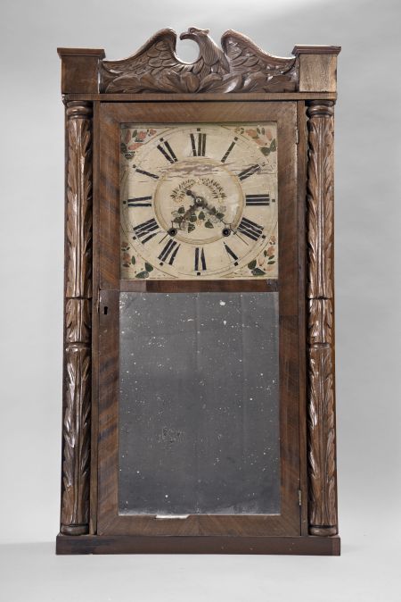 Clocks- 2 (Two): (1) Unknown, 30 hour, time and strike weight wood movement carved column & splat shelf clock. c1832 (2) Elisha Hotchkiss, Burlington, Conn., 30 hour, time and strike weight wood movement half column & splat shelf clock. c1835