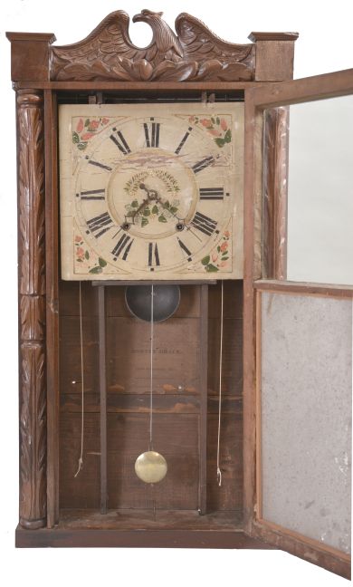 Clocks- 2 (Two): (1) Unknown, 30 hour, time and strike weight wood movement carved column & splat shelf clock. c1832 (2) Elisha Hotchkiss, Burlington, Conn., 30 hour, time and strike weight wood movement half column & splat shelf clock. c1835