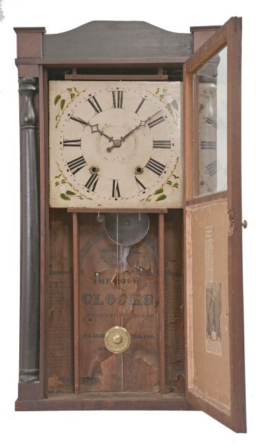 Clocks- 2 (Two): (1) Unknown, 30 hour, time and strike weight wood movement carved column & splat shelf clock. c1832 (2) Elisha Hotchkiss, Burlington, Conn., 30 hour, time and strike weight wood movement half column & splat shelf clock. c1835