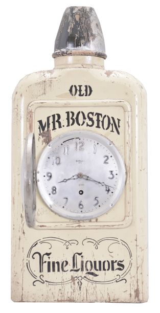 Wm. L. Gilbert Clock Co., Winsted, Conn., "Old Mr. Boston" novelty advertising clock, 8 day, time only, spring driven balance wheel movement in a solid wood case shaped and painted to look like a bottle of whisky, silvered dial and steel hands.