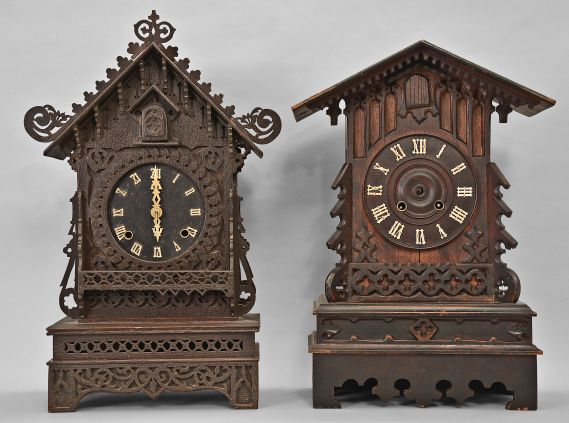 Clocks- 4 (Four) Cuckoo: (1) Scarce A. Frankfeld and Co., New York, shelf cuckoo, 8 day, time and strike with cuckoo bird, modified spring driven Waterbury movement in a fretwork case, c1870; (2) Gordian Hettich & Sohn, Furtwangen, Germany, shelf cuckoo, 8 day, time and strike with cuckoo in carved wood case, c1890; (3) Philipp Haas & Söhne, St. Georgen, Germany, cuckoo clock, 30 hour, time and strike with cuckoo, c1906; (4) American Cuckoo Clock Co, Philadelphia, cuckoo clock, 30 hour, time and strike with cuckoo in a carved wood case, c1910.