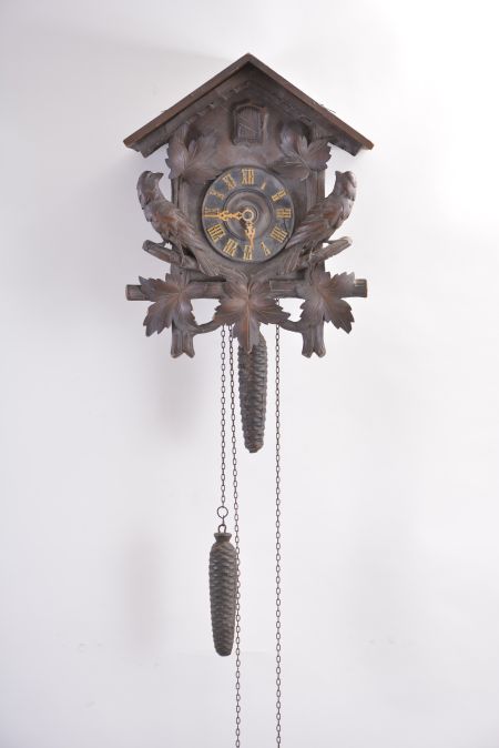 Clocks- 4 (Four) Cuckoo: (1) Scarce A. Frankfeld and Co., New York, shelf cuckoo, 8 day, time and strike with cuckoo bird, modified spring driven Waterbury movement in a fretwork case, c1870; (2) Gordian Hettich & Sohn, Furtwangen, Germany, shelf cuckoo, 8 day, time and strike with cuckoo in carved wood case, c1890; (3) Philipp Haas & Söhne, St. Georgen, Germany, cuckoo clock, 30 hour, time and strike with cuckoo, c1906; (4) American Cuckoo Clock Co, Philadelphia, cuckoo clock, 30 hour, time and strike with cuckoo in a carved wood case, c1910.