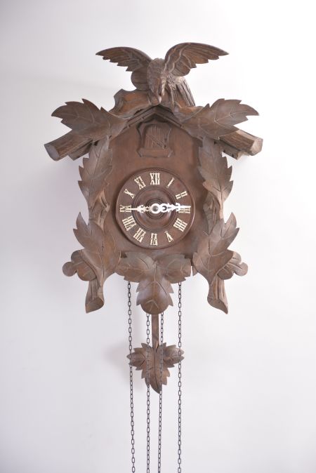 Clocks- 4 (Four) Cuckoo: (1) Scarce A. Frankfeld and Co., New York, shelf cuckoo, 8 day, time and strike with cuckoo bird, modified spring driven Waterbury movement in a fretwork case, c1870; (2) Gordian Hettich & Sohn, Furtwangen, Germany, shelf cuckoo, 8 day, time and strike with cuckoo in carved wood case, c1890; (3) Philipp Haas & Söhne, St. Georgen, Germany, cuckoo clock, 30 hour, time and strike with cuckoo, c1906; (4) American Cuckoo Clock Co, Philadelphia, cuckoo clock, 30 hour, time and strike with cuckoo in a carved wood case, c1910.