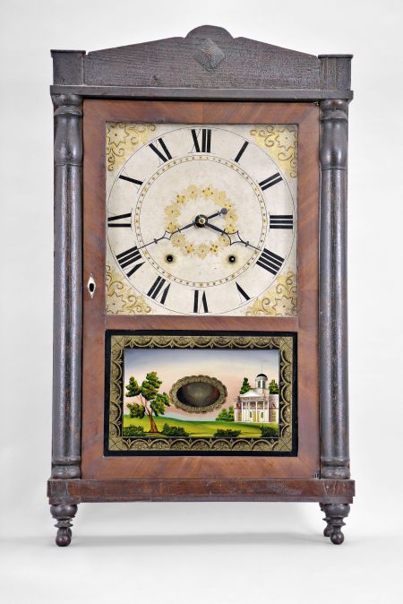 Chauncey Ives, Bristol, Conn., 30 hour, time and strike weight wood movement half column & splat shelf clock.