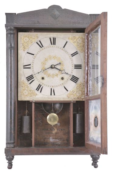 Chauncey Ives, Bristol, Conn., 30 hour, time and strike weight wood movement half column & splat shelf clock.