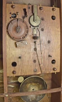 Chauncey Ives, Bristol, Conn., 30 hour, time and strike weight wood movement half column & splat shelf clock.