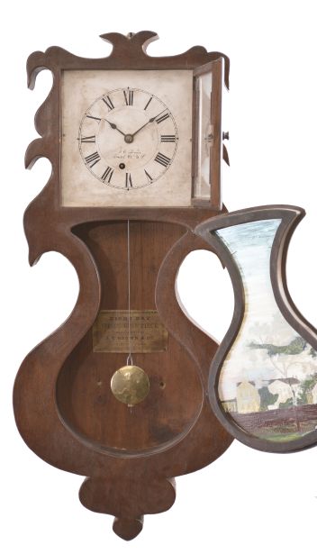 Copy of a J. C. Brown, Forestville Mfg. Co., Bristol, Conn., 8 day, spring brass movement wall lyre timepiece.