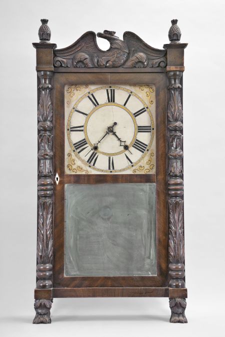 Riley Whiting, Winchester, Conn., 30 hour, time and strike weight wood movement carved column and eagle splat shelf clock.