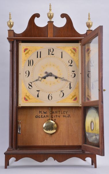 H. W. Cantley, Ocean City, New Jersey, 8 day, time and strike spring brass movement copy of a pillar & scroll shelf clock.