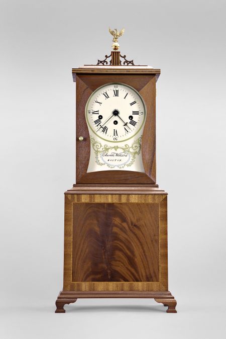 Unsigned, modern copy of an 8 day, time, strike and chime spring-driven brass movement of a Willard style Massachusetts shelf clock.