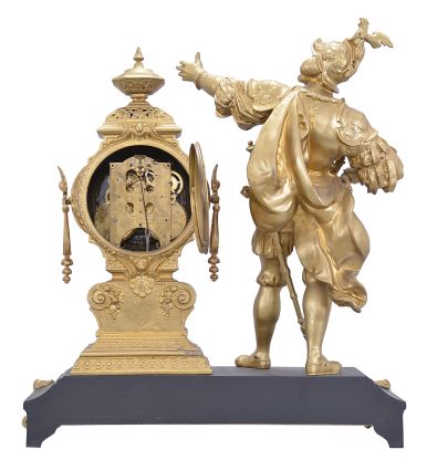 Ansonia Clock Co., New York, "Insult" figural mantel clock, 8 day, time and strike, spring driven movement with visible escapement, iron base on cast feet supporting the clock with white enamel dial and Louis XV style hands and a soldier figure with outstretched arm.