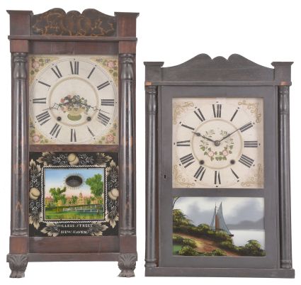 Clocks- 2 (Two): (1) E. Terry & Son, Plymouth, Conn., 30 hour, time and strike weight wood movement half column & splat shelf clock. c1830 (2) Olcott Cheney, Berlin, Conn., 30 hour, time and strike weight wood movement half column & splat shelf clock. c1831