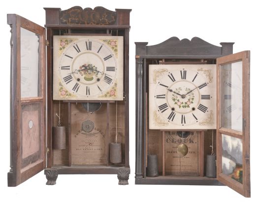 Clocks- 2 (Two): (1) E. Terry & Son, Plymouth, Conn., 30 hour, time and strike weight wood movement half column & splat shelf clock. c1830 (2) Olcott Cheney, Berlin, Conn., 30 hour, time and strike weight wood movement half column & splat shelf clock. c1831