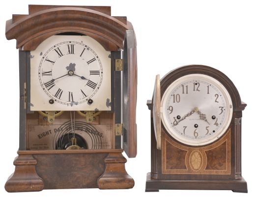 Clocks- 2 (Two): (1) Seth Thomas Clock Co., Thomaston, Conn., "Arch Top", 8 day, time and strike spring brass movement shelf clock. c1880 (2) Seth Thomas Clock Co., Thomaston, Conn., "Chime Clock No. 96", 8 day, time, strike, and chime on 4 rods spring brass movement mantel clock. c1928