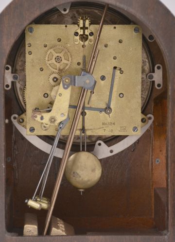 Clocks- 2 (Two): (1) Seth Thomas Clock Co., Thomaston, Conn., "Arch Top", 8 day, time and strike spring brass movement shelf clock. c1880 (2) Seth Thomas Clock Co., Thomaston, Conn., "Chime Clock No. 96", 8 day, time, strike, and chime on 4 rods spring brass movement mantel clock. c1928