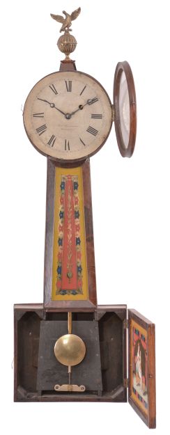 B. S. Farrington, Woonsocket, Rhode Island, 8 day, weight brass movement patent or banjo wall timepiece.