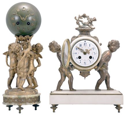 Clocks- 2 (Two) French mantel: (1) Samuel Marti, Paris, for A. Thelot, figural mantel clock, 8 day, time and strike, spring driven pendule de Paris movement, white marble case on brass feet with two cast child figures supporting a white marble case between them, white enamel dial with polychrome garlands and Arabic numerals, gilt hands, c1900; (2) France, figural mantel clock, 8 day, time and strike, spring driven pendule de Paris movement, green onyx base on cast brass feet, supporting three putti holding a green patinated sphere and the mechanism within aloft, applied Roman numerals and gilt snake-form hands, c1915.