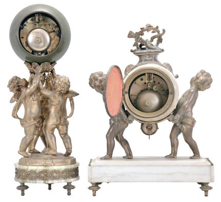 Clocks- 2 (Two) French mantel: (1) Samuel Marti, Paris, for A. Thelot, figural mantel clock, 8 day, time and strike, spring driven pendule de Paris movement, white marble case on brass feet with two cast child figures supporting a white marble case between them, white enamel dial with polychrome garlands and Arabic numerals, gilt hands, c1900; (2) France, figural mantel clock, 8 day, time and strike, spring driven pendule de Paris movement, green onyx base on cast brass feet, supporting three putti holding a green patinated sphere and the mechanism within aloft, applied Roman numerals and gilt snake-form hands, c1915.