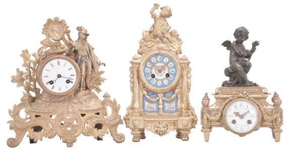 Clocks- 3 (Three) French: (1) Japy Frères & Cie, Paris, figural mantel clock, 8 day, time and strike, spring driven pendule de Paris movement in a gilt cast metal case featuring a finely dressed young man, c1865; (2) France, mantel clock, 8 day, time and strike, spring driven pendule de Paris movement in a gilt cast case with polychrome dial and panel surmounted by a boy holding a bird; (3) AD Mougin, Paris, mantel clock, 8 day, time and strike, spring driven movement with lever escapement in a gilt cast case with enamel dial, surmounted by a putto figure holding a torch, c1900.